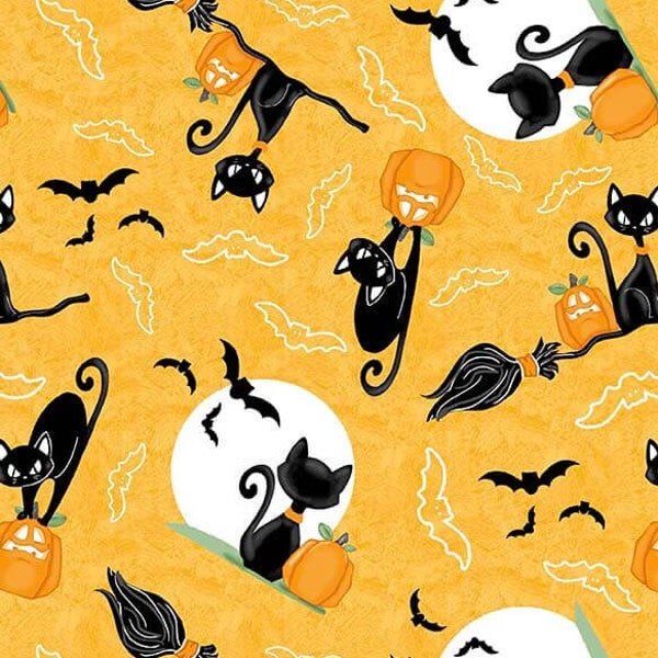 Tossed Cats Cotton Fabric Nights of Olde Salem Glow in the Dark Halloween Shelly Comiskey Henry Glass FQ BTY Fat Quarter Witchy Black cat