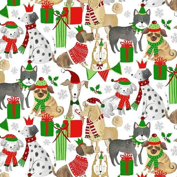 Holiday Dogs With Presents Cotton Fabric Christmas Timeless Treasures Cute dog FQ BTY Fat Quarter Eighth by the yard BTY pet bandana fabric