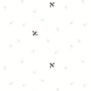May include: White fabric with a repeating pattern of small blue dandelions and yellow and black bees.