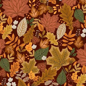 May include: A seamless pattern featuring a variety of autumn leaves in shades of orange, yellow, brown, and green on a dark red background. The leaves are arranged in a random pattern and include maple, oak, and other types of leaves.