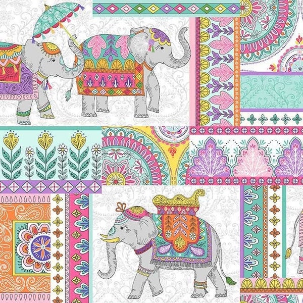 Elephant Patchwork Cotton Fabric, Elephant Cavalcade CX10797 Michael Miller FQ Fat Quarter by the Yard BTY Boho Indian Asia mandala bohemian