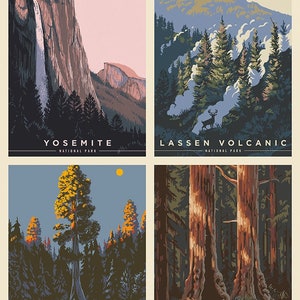 May include: A set of four vintage-style travel posters featuring national parks in the United States. The posters depict Yosemite National Park, Lassen Volcanic National Park, Sequoia National Park, and Redwood National Park.