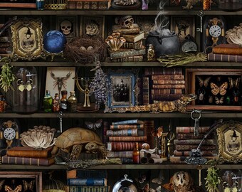Witch Apothecary Book Halloween Cotton Fabric CD2877 Timeless Treasures Haunted House, FQ Fat Quarter Yard BTY Precuts Witchy Spell Grimoire