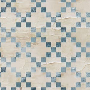 May include: A repeating pattern of blue squares arranged in a diagonal grid on a textured, off-white background. The squares vary in shade, creating a subtle visual depth. The background has a distressed, aged appearance.