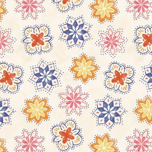 May include: A seamless pattern featuring a variety of colorful flowers and geometric shapes. The background is a light beige color. The flowers are in shades of orange, yellow, red, and pink. The geometric shapes are in shades of blue.