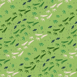 May include: A seamless pattern featuring a green background with various shades of green, white, and blue abstract shapes. The shapes resemble leaves, branches, and footprints.