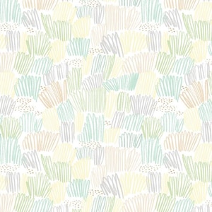 May include: A repeating pattern featuring abstract, hand-drawn shapes in pastel colors. The design includes vertical strokes in shades of yellow, green, blue, and tan, creating a textured, organic look. The background is white, enhancing the colors.
