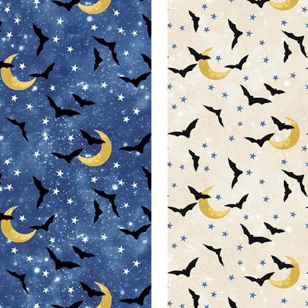 Bats Moons & Stars Halloween Cotton Fabric Hocus Pocus Deborah Edwards Northcott bat moon star blender FQ Fat quarter eighth by the yard BTY