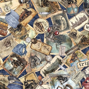 Train Ephemera Cotton Fabric, 31635-B Steam & Steel, Dan Morris Creative, QT Fabrics, Vintage Steampunk FQ Fat Quarter BTY By Yard Precuts
