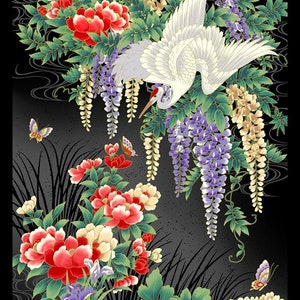 May include: A vibrant floral design featuring white cranes, red and cream peonies, purple wisteria, and butterflies against a black background. The artwork showcases a Japanese aesthetic with detailed botanical elements.