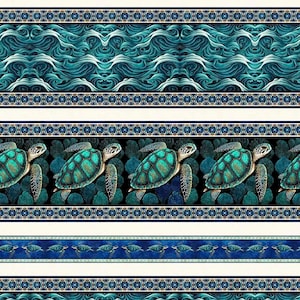 May include: A repeating pattern featuring alternating bands of sea turtles, wave-like designs, and decorative borders in shades of teal, blue, and cream. The turtles are detailed with textured shells.