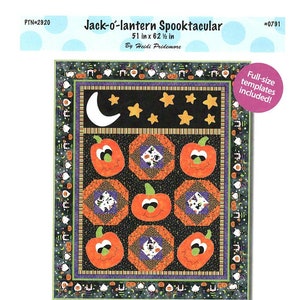 May include: A quilting pattern for a Jack-o'-lantern Spooktacular quilt. The pattern features a black background with orange and purple pumpkins, stars, and a crescent moon. The quilt is 51 inches by 62 1/2 inches. The pattern is by Heidi Pridemore.