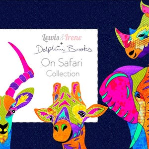 May include: Colorful illustration of safari animals, including a zebra, lion, rhino, elephant, giraffe, and antelope. The animals are depicted with vibrant colors and patterns against a dark blue background. The text "On Safari Collection" is displayed.