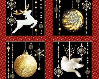 Metallic Glitter Tree and Deer Christmas Cotton Fabric
