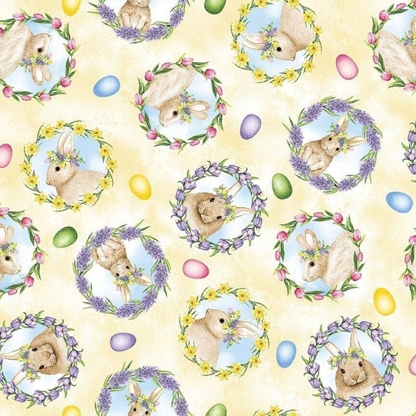 Bunny Medals Cotton Fabric 1064-33, Hoppy Hunting Kitten Studio Henry Glass ,BTY FQ Fat Quarter Eighth Half by The yard Easter Rabbit Decor