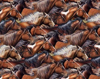 Packed Horses Cotton Fabric, 27603-36 Wild and Free, Northcott, Western Cowboy FQ Fat Quarter Eighth BTY By the Yard Rodeo Horse head Precut