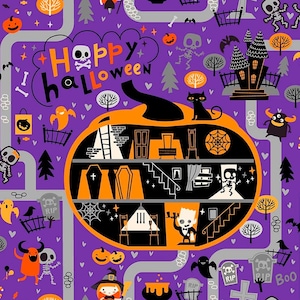 Halloween Town Cotton Fabric, Ghoultide Greetings 10018-84, Patrick Lose, BTY FQ Fat Quarter By The Yard Precuts Pumpkin Haunted Mansion