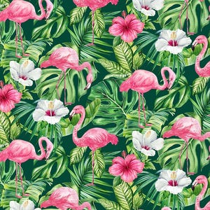 Flamingo Flowers Cotton Fabric, Coastal Breeze 2855778, Northcott, BTY FQ Fat Quarter By the Yard Precuts Tropical  Beach Hibiscus Miami