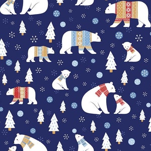 May include: A seamless pattern featuring white polar bears wearing colorful knitted scarves and hats on a dark blue background. The pattern also includes small white snowflakes, pine trees, and blue circles.