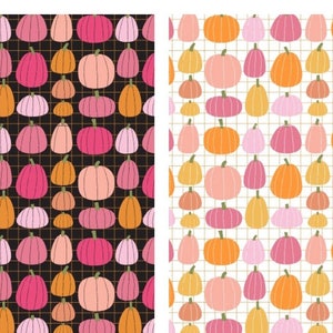 May include: Two seamless patterns featuring pink, orange, and yellow pumpkins on a black and white background. The patterns are perfect for fall crafts, scrapbooking, and fabric.