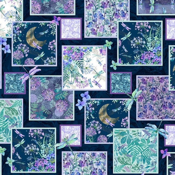 Dragonfly Patch Cotton Fabric, 3057-77 Gypsy Flutter Elsie Ess Blank FQ Fat Quarter BTY by the Yard Celestial Witchy Astrology Floral Decor
