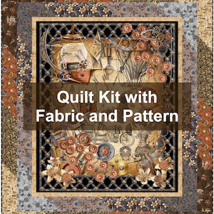May include: A quilt kit with fabric and pattern featuring a steampunk design with gears, clocks, and a hot air balloon. The fabric is a mix of brown, gold, and black.