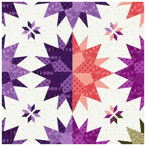 May include: A seamless pattern featuring a repeating design of large, multi-colored stars with a white background. The stars are made up of smaller geometric shapes and patterns, including circles, moons, and butterflies. The background is dotted with small white dots.