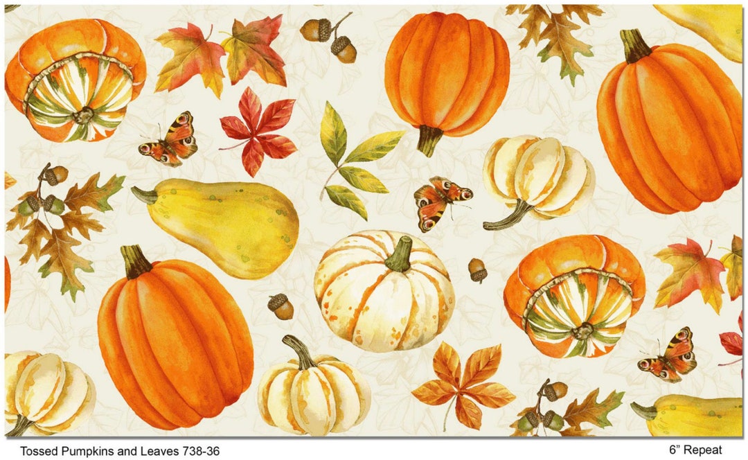 Tossed Pumpkins and Leaves Cotton Fabric 738-36 Turkey Talk Henry Glass ...