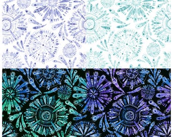 May include: A digitally created pattern featuring floral and feather-like designs in shades of blue, teal, and purple. The pattern is divided into two sections, with the top half on a white background and the bottom half on a black background.