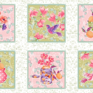 May include: Six square images with a white background and a green and pink border. Each image features a different floral design with a bird or teapot. The designs include a bouquet of pink and purple flowers, a teapot with lemons, a cup with lemons, a jar with flowers, a hummingbird with pink flowers, and a hummingbird with pink flowers.
