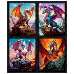 May include: A four-panel artwork featuring fantasy dragons. Each panel showcases a different dragon with vibrant colors, including orange, blue, purple, and white. The dragons are perched on rocky landscapes, with detailed backgrounds of mountains and waterfalls.