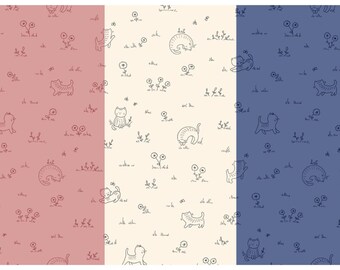 May include: Three panels of repeating patterns featuring line drawings of cats, flowers, and grass. The backgrounds are in shades of pink, cream, and blue. The cats are in various poses, and the flowers have simple, round blooms.