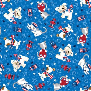 May include: A blue and white patterned fabric with a repeating design of dogs wearing red, white, and blue patriotic hats and accessories. The dogs are surrounded by stars and paw prints.