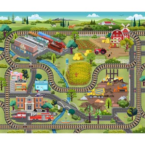 May include: A colorful illustrated play mat featuring a town and farm scene with train tracks. The scene includes a train station, farm with a red barn, a construction site, and a town with a bakery, vet clinic, and emergency services.