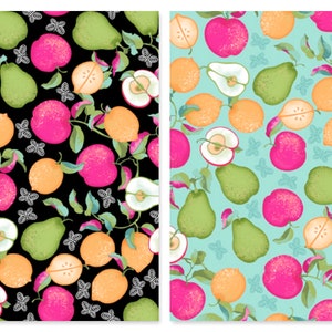 Fruit Cotton Fabric Lollie&#39;s Garden 29887 Madalee Studios QT Fabrics FQ Fat Quarter Eighth half BTY by The Yard Apple Pear Lemon Blender Cat