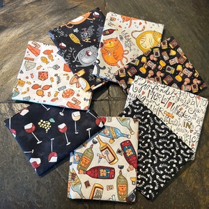 8 pc Whiskers & Wine Fat Quarter Bundle w/Optional Panel, Bonnie Lemaire Northcott, Funny Tasting FQs Precuts Kitty Cat lover Decor Mom Gift