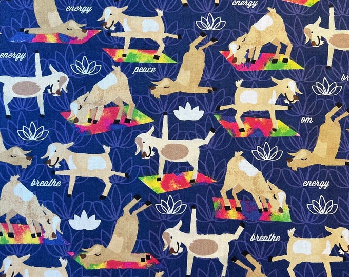 Goat Yoga Poses Cotton Fabric by the Yard, FQ, Fat Quarter, Half Yard
