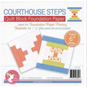 May include: A package of Courthouse Steps Quilt Block Foundation Paper, used for foundation paper piecing. The package is blue and white with a picture of two quilt blocks, one in shades of orange and white, and the other in shades of blue, green, and white. The package says it makes 6" blocks and includes 42 sheets per pad.