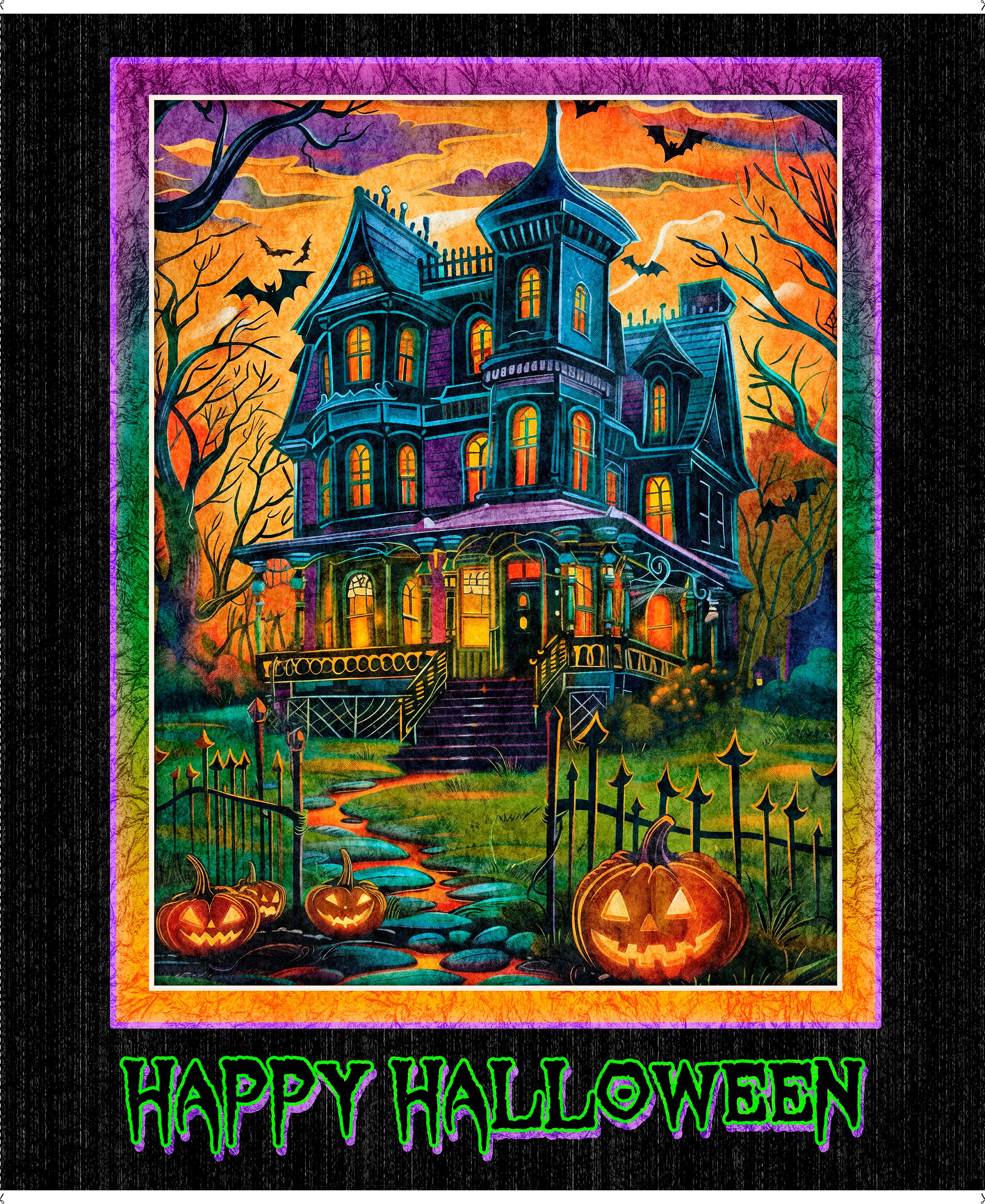 Haunted Mansion Panel Halloween Cotton Fabric, Happy Haunting