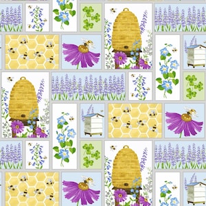 May include: A colorful patchwork design featuring beehives, honeycombs, bees, flowers, and clover. The design is perfect for quilting, fabric crafts, and home decor.