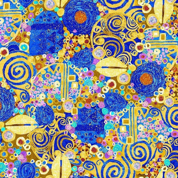 Large Metallic Scrolls Cotton Fabric, Wings of Gold CM2604-Blue Art Nouveau Chong-a Hwang Timeless FQ Fat Quarter Eighth By Yard BTY precuts