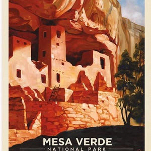 May include: A vintage-style travel poster featuring Mesa Verde National Park. The artwork depicts ancient cliff dwellings in shades of red and orange, with a dark foreground and the text "MESA VERDE NATIONAL PARK".