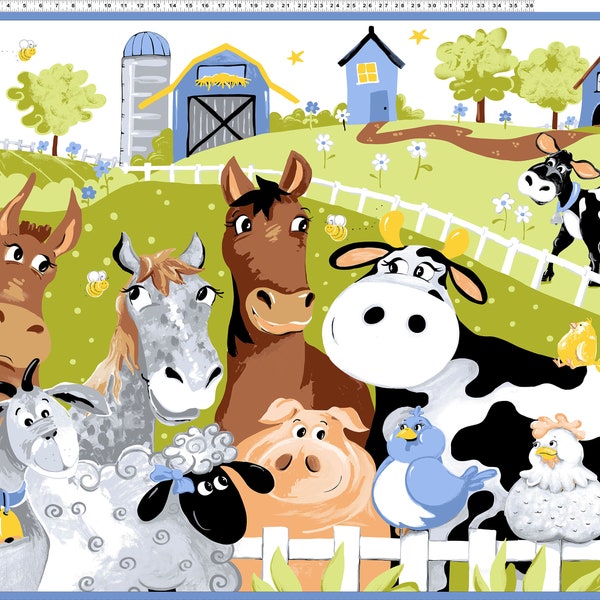 Barnyard Blues 36" Play Mat Panel Cotton Fabric, by Susybee, farm animal neutral baby nursery room decor panel fabric BTY by the yard