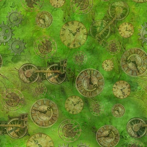 May include: A green background with a pattern of antique clocks and gears. The clocks have Roman numerals and are in various states of disrepair. The gears are metal and have a worn, aged look.