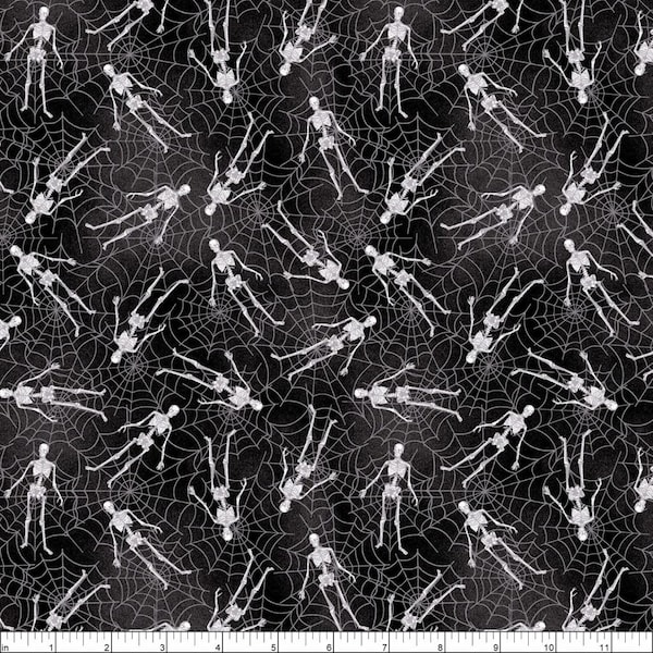 Charcoal Skeletons Halloween Cotton Fabric 52519D-3 One Of A Kind Windham FQ fat quarters eighth BTY half yard spooky skeleton spiderwebs