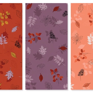 May include: Three seamless patterns featuring various autumn leaves in shades of red, orange, yellow, and purple. The leaves are drawn in a simple, stylized manner and are arranged in a repeating pattern.