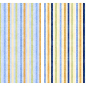 May include: A seamless pattern of vertical stripes in shades of blue, yellow, and green. The stripes are of varying widths and create a textured, woven look.