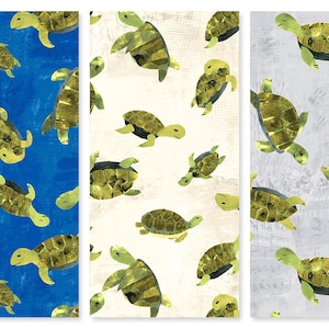 May include: Three different patterned fabric swatches featuring a repeating pattern of green sea turtles on a blue, white, and gray background.