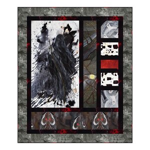 May include: A quilt featuring a dark, abstract design with a central panel depicting a cloaked figure with a scythe against a white and black background. The quilt has a gray border with red accents and additional panels with abstract patterns.