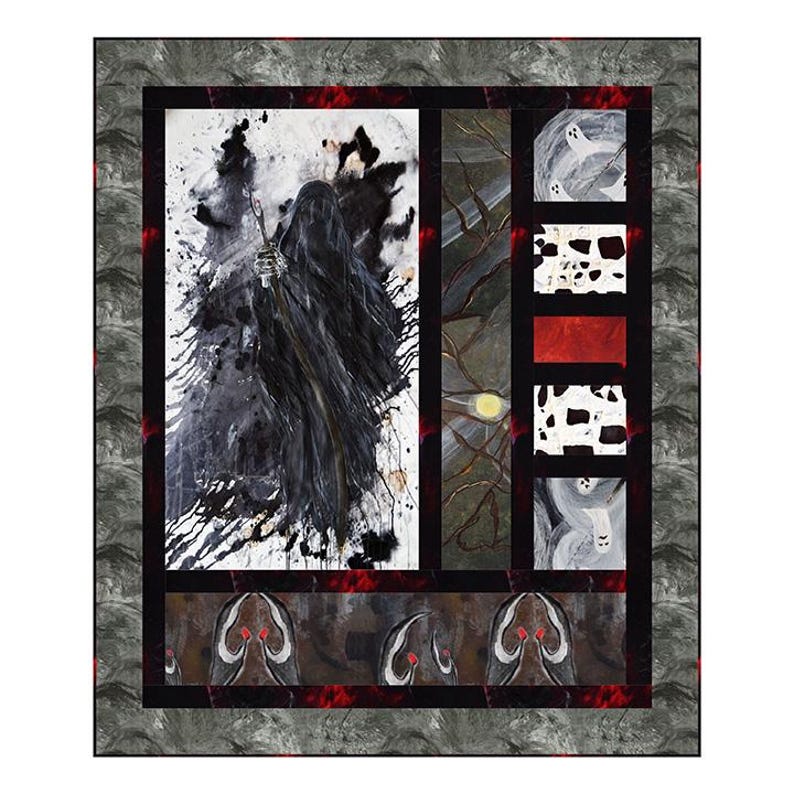 May include: A quilt featuring a dark, abstract design with a central panel depicting a cloaked figure with a scythe against a white and black background. The quilt has a gray border with red accents and additional panels with abstract patterns.